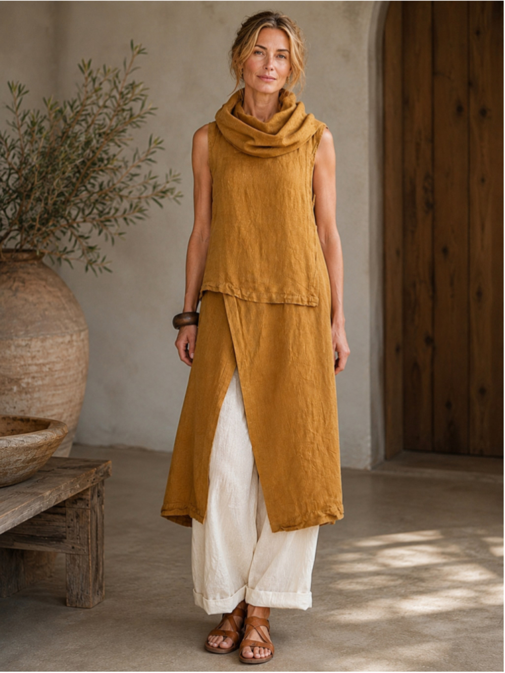 Bryn Walker Tunic Dress Women S Linen Cowl Asymmetrical Coastal Lagenlook Brown